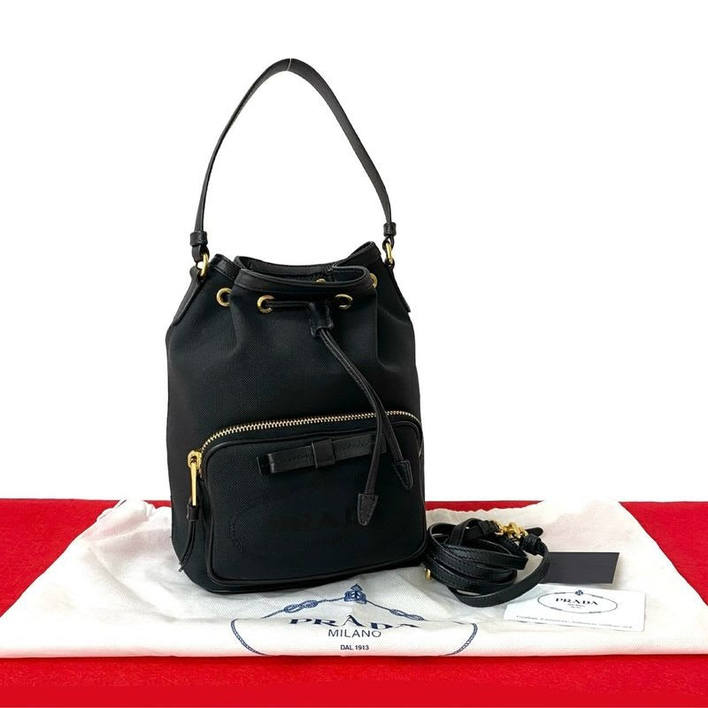Prada Duet Logo Canvas Leather Drawstring 2-Way Handbag