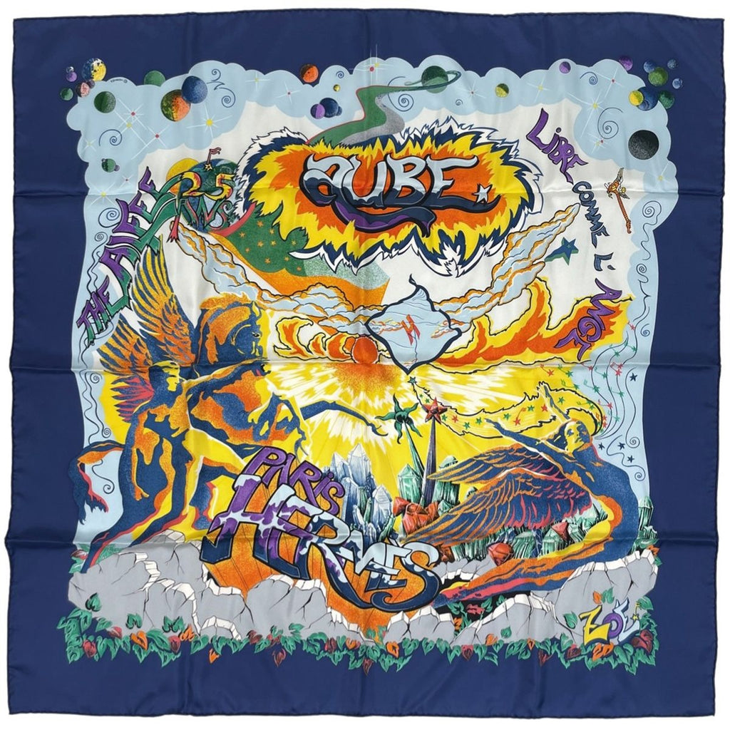 Hermes Carre 90 the Alfee Aube Dawn Anniversary Scarf Silk Navy Multicolor