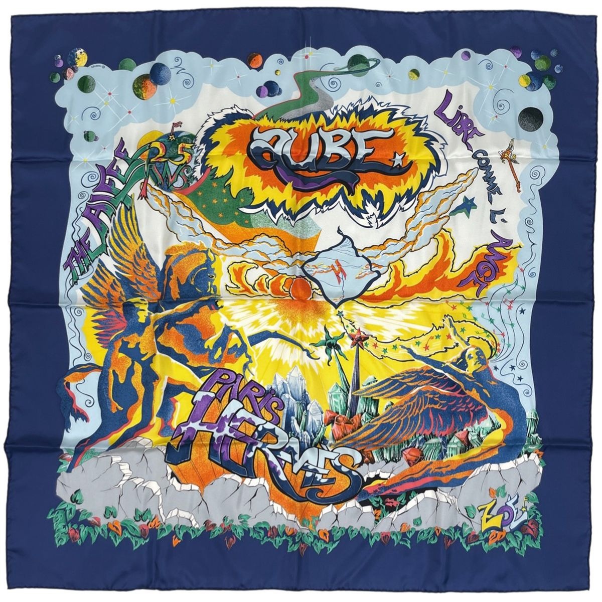 Hermes Carre 90 the Alfee Aube Dawn Anniversary Scarf Silk Navy Multicolor