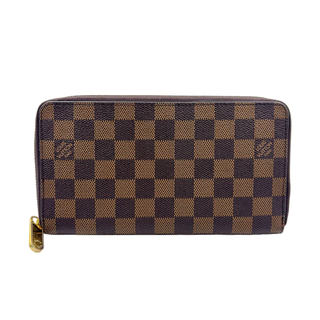 Louis Vuitton Zippy Organizer Damier Ebene Leather Brown Round Wallet Gold