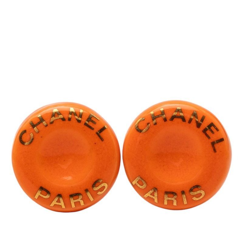 Chanel Logo Round Earrings Gold Orange Plated