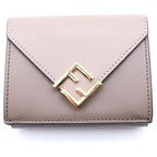 Fendi FF Diamond Compact Wallet Trifold Coin Case Beige Leather Gold