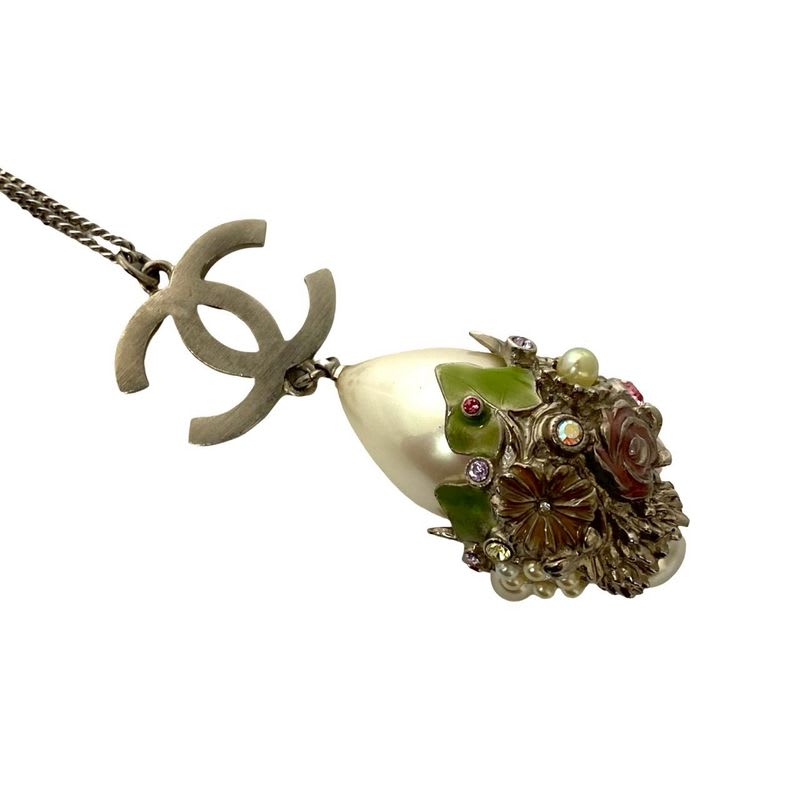 Chanel Coco Mark Metal Faux Pearl Chain Necklace Pendant Accessory 05P — view 5