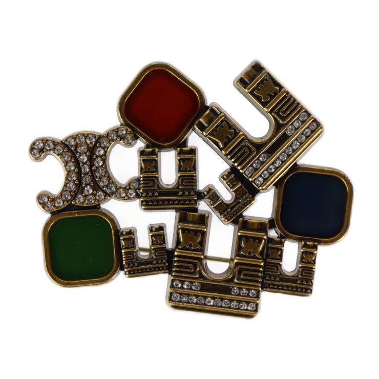 Celine Pin Brooch Metal Rhinestones Gold Red Green Blue Triomphe Vintage