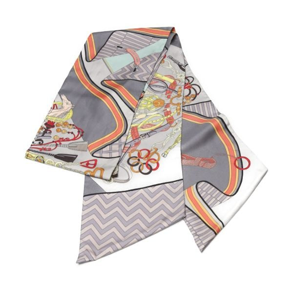 Hermes Carre 90 Cravat Shape Silk Horseman Harness Scarf Gray