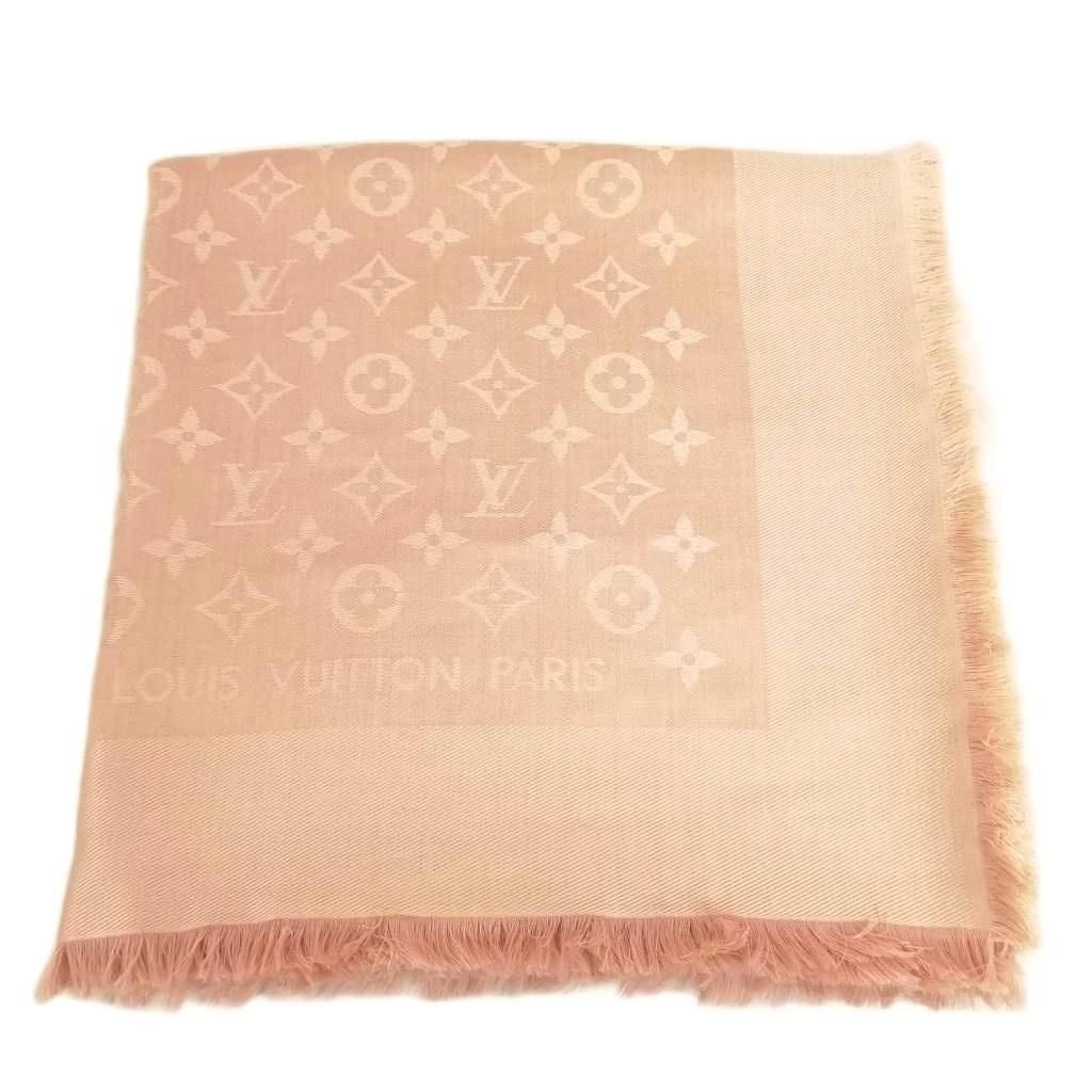 Louis Vuitton Monogram Shawl Large Silk Wool Pink Beige Scarf
