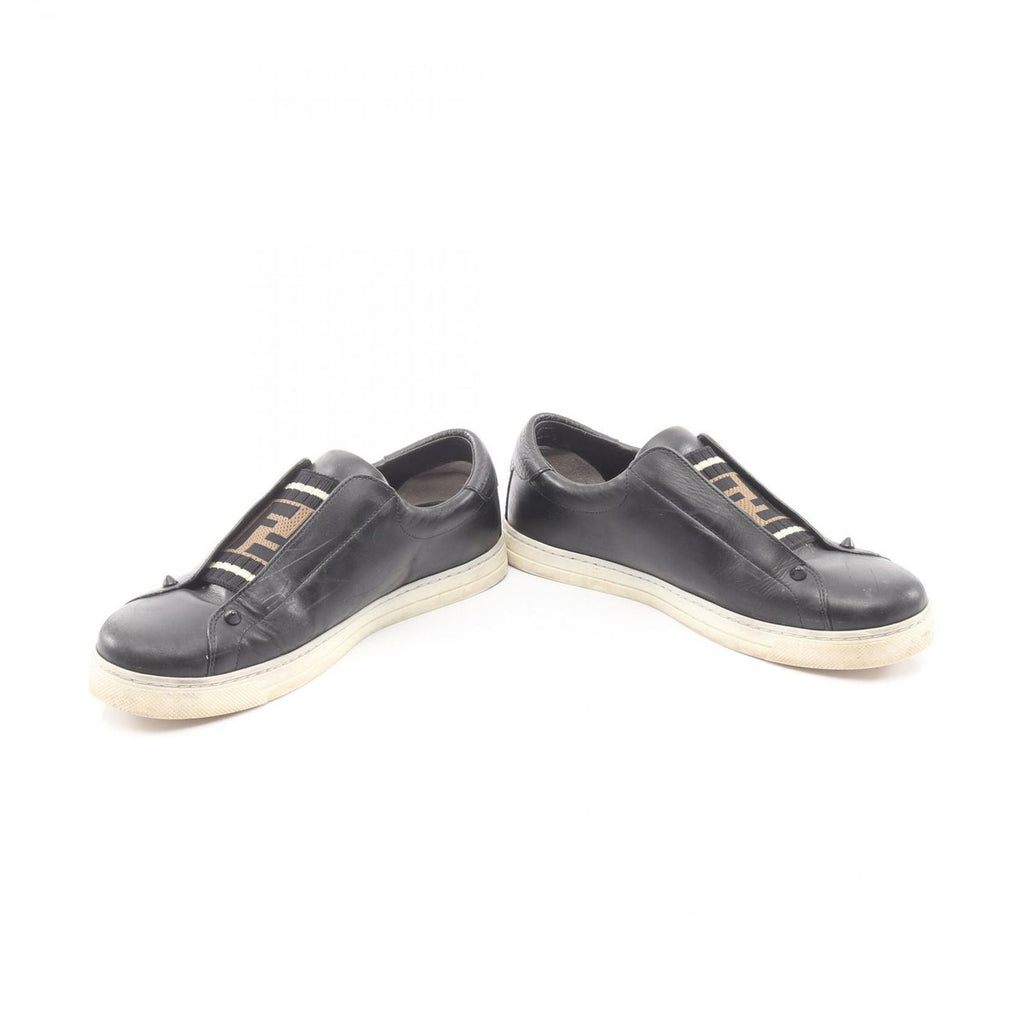 Fendi Slip Ons FF Logo Black Leather Fabric Knit Stretch Sneakers — view 3