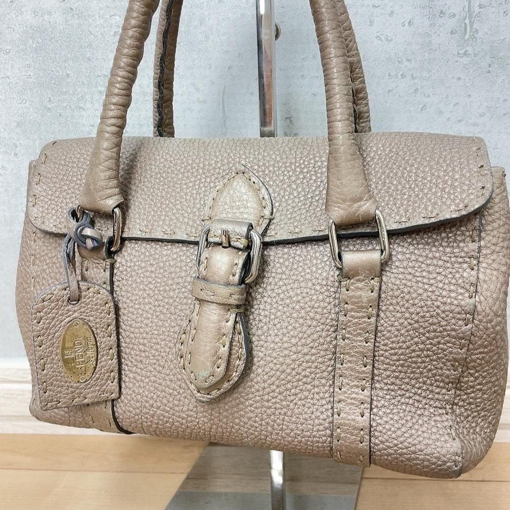 Fendi Selleria Linda Leather Handbag Beige Gray