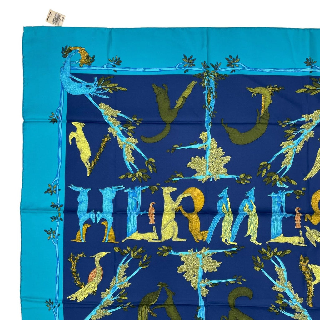 Hermes Carre 90 Scarf 100% Silk Animal Alphabet Blue — view 2