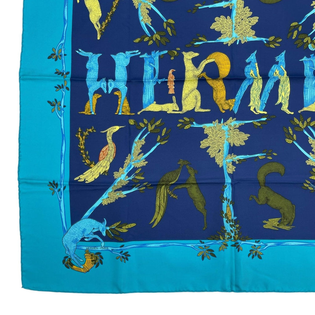 Hermes Carre 90 Scarf 100% Silk Animal Alphabet Blue — view 4