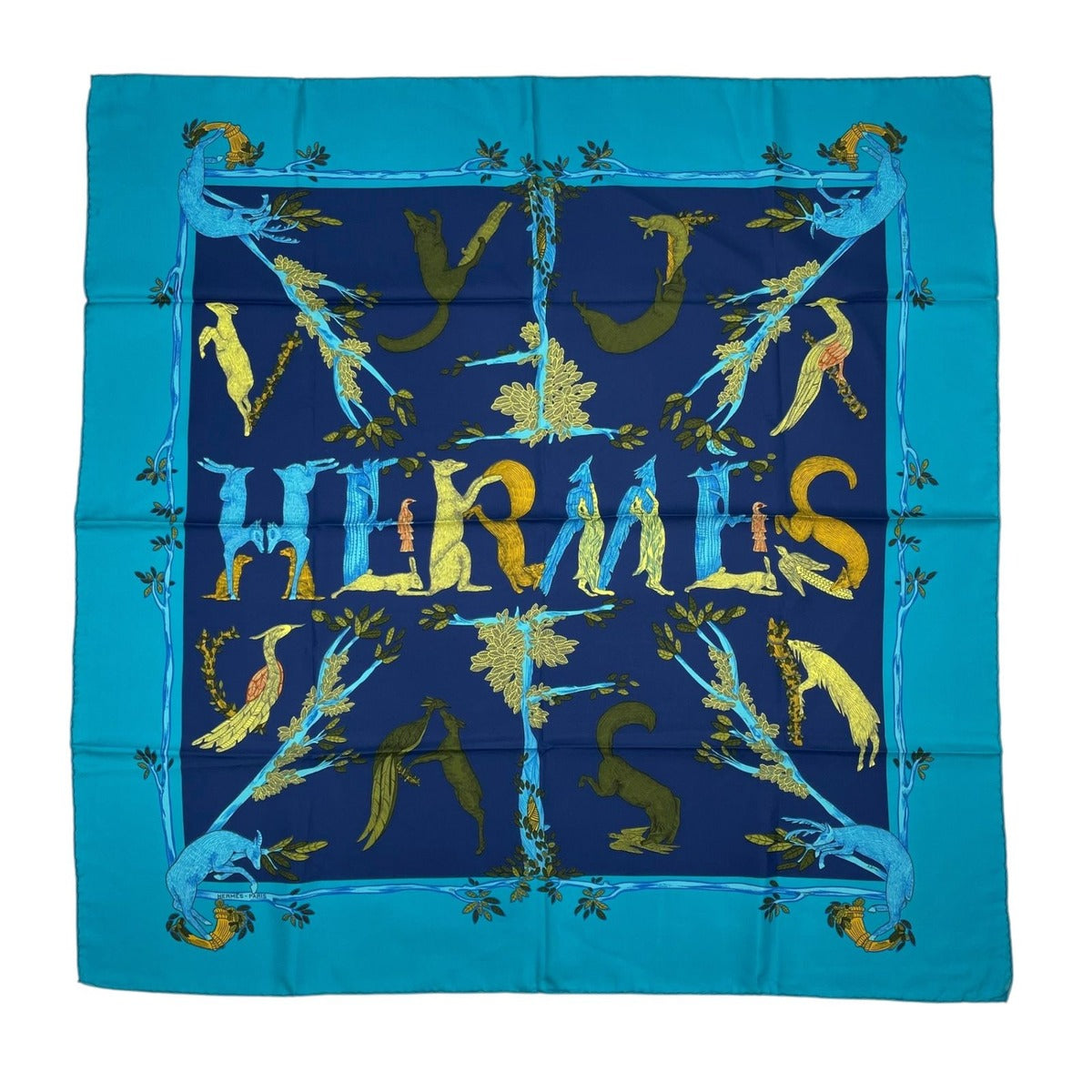 Hermes Carre 90 Scarf 100% Silk Animal Alphabet Blue