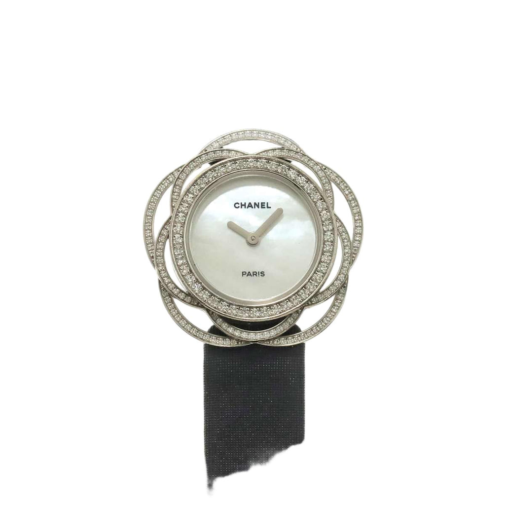 Chanel Camelia Diamond Bezel Watch White Shell 18k Gold Quartz