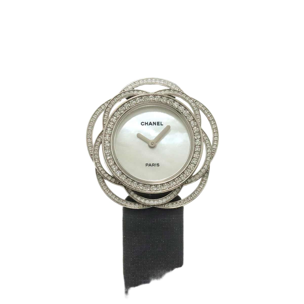 Chanel Camelia Diamond Bezel Watch White Shell 18k Gold Quartz