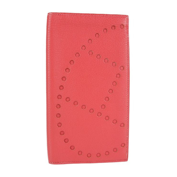 Hermes Long Wallet Chvre Rouge Cazac Pink Evelyne Bifold Engraved