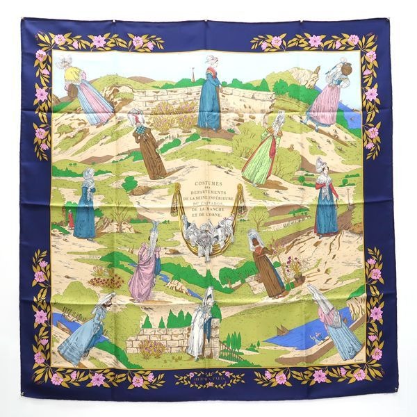 Hermes Carre 90 Costumes DES Departements Department Costume Navy Scarf Silk