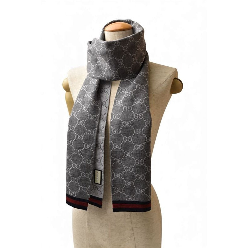 Gucci Scarf Winter 100% Wool GG Pattern Light Gray 3 G206 1263 — view 9