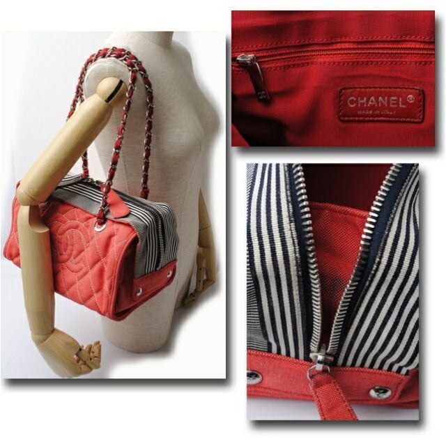 Chanel Shoulder Bag Denim Line Chain Red Navy — view 5