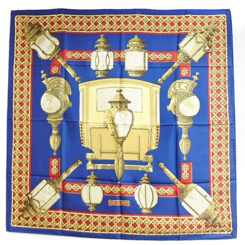 Hermes Carre 90 Feux de Route Silk Red Yellow Blue Scarf