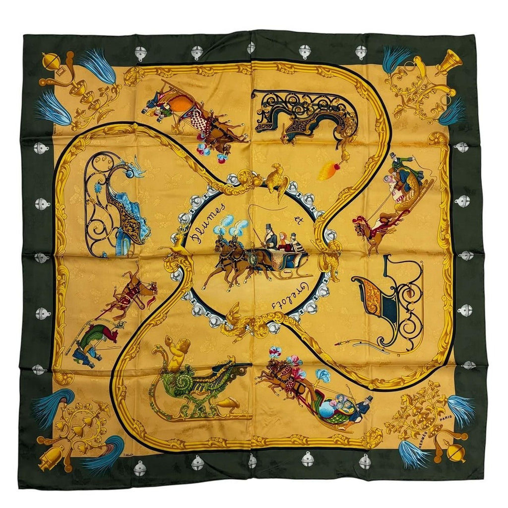 Hermes Carre 90 Plumes Et Grelots Feather and Bell Scarf Green 100% Gold Silk — view 2