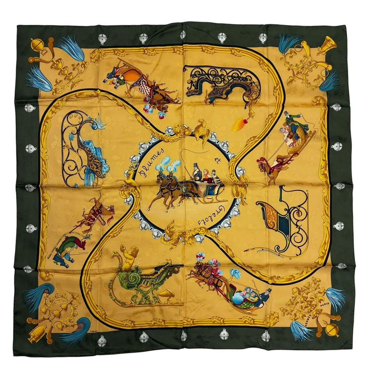 Hermes Carre 90 Plumes Et Grelots Feather and Bell Scarf Green 100% Gold Silk — view 2