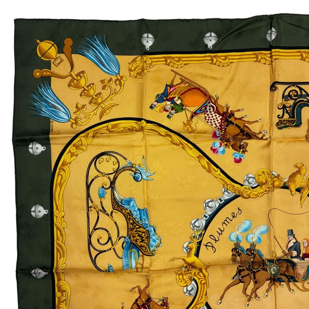 Hermes Carre 90 Plumes Et Grelots Feather and Bell Scarf Green 100% Gold Silk — view 3