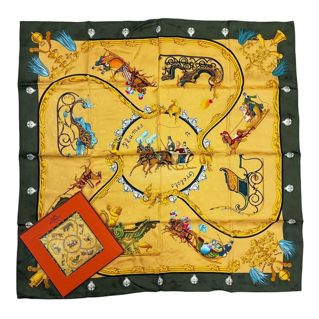 Hermes Carre 90 Plumes Et Grelots Feather and Bell Scarf Green 100% Gold Silk