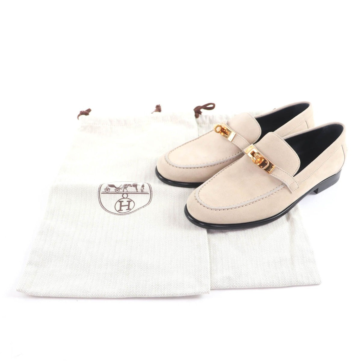 Hermes Destin Pink Gold Kelly Suede Leather Moccasins Beige Hat — view 2