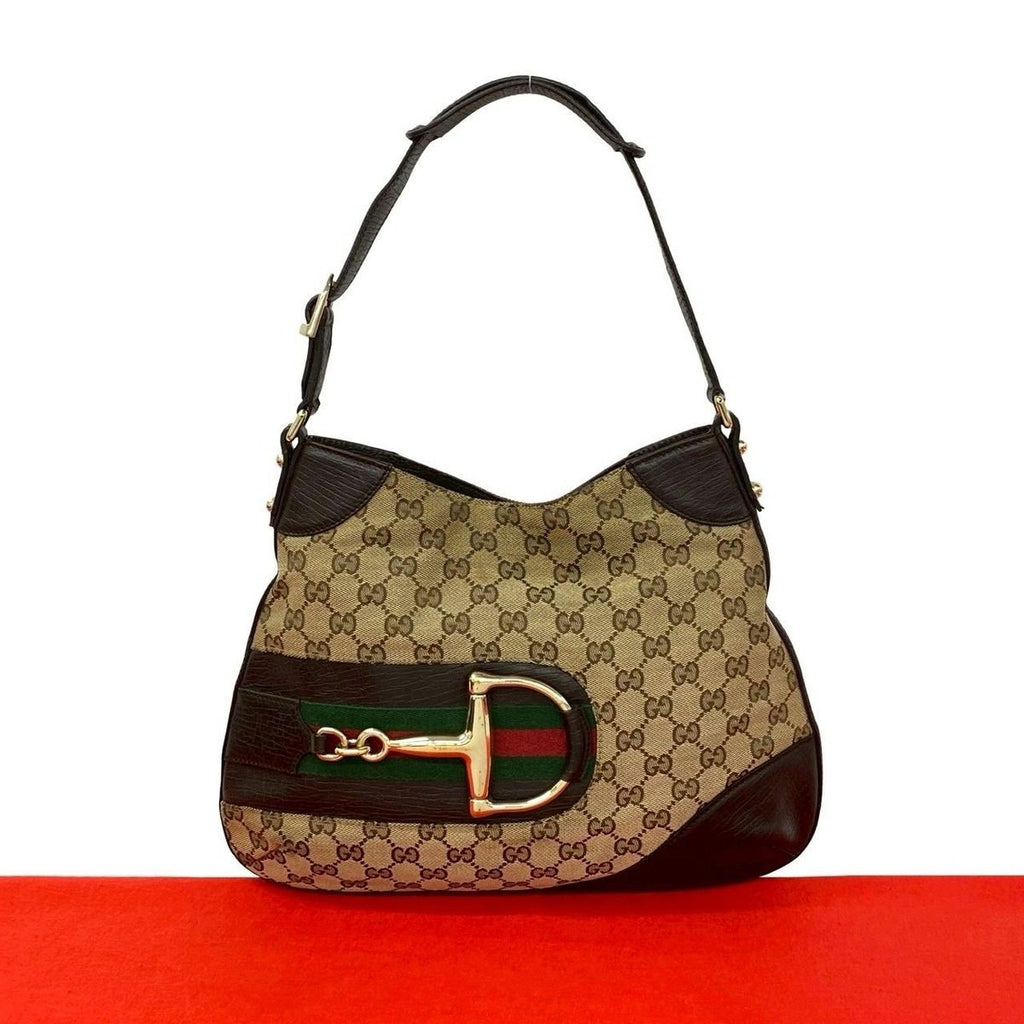 Gucci Sherry Line GG Logo Horsebit Canvas Leather Shoulder Bag Brown