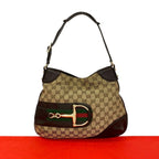 Gucci Sherry Line GG Logo Horsebit Canvas Leather Shoulder Bag Brown