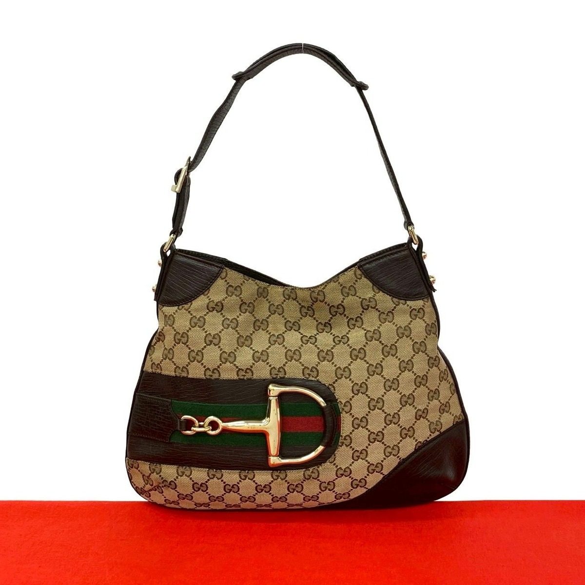 Gucci Sherry Line GG Logo Horsebit Canvas Leather Shoulder Bag Brown