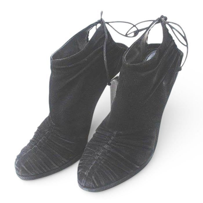 Gucci Booties High Heels Gathered Ribbon 37.5 Black Suede