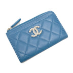 Chanel Quilted Faux Pearl Card Case Ap3836 Blue Coco Mark Lambskin Coin — view 2