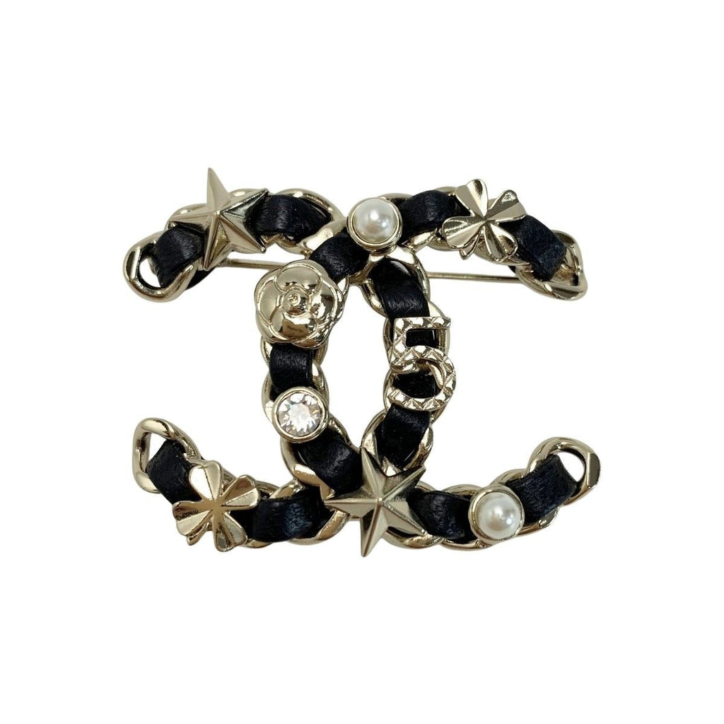 Chanel Coco Mark Rhinestone Faux Pearl Brooch B22 V Black Gold Leather — view 2