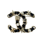 Chanel Coco Mark Rhinestone Faux Pearl Brooch B22 V Black Gold Leather — view 2