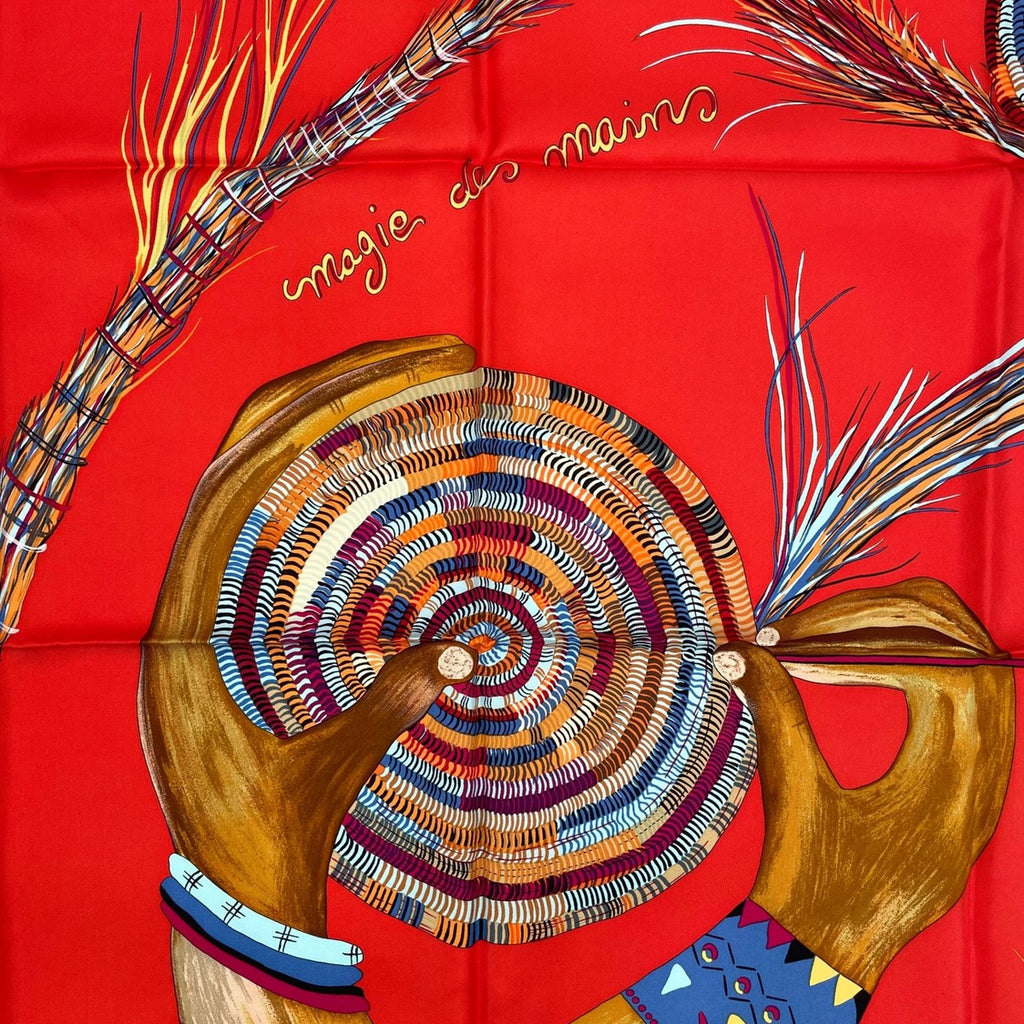 Hermes Scarf 100% Silk Carre 90 Magie Des Mains Charm of Handwork Red — view 6