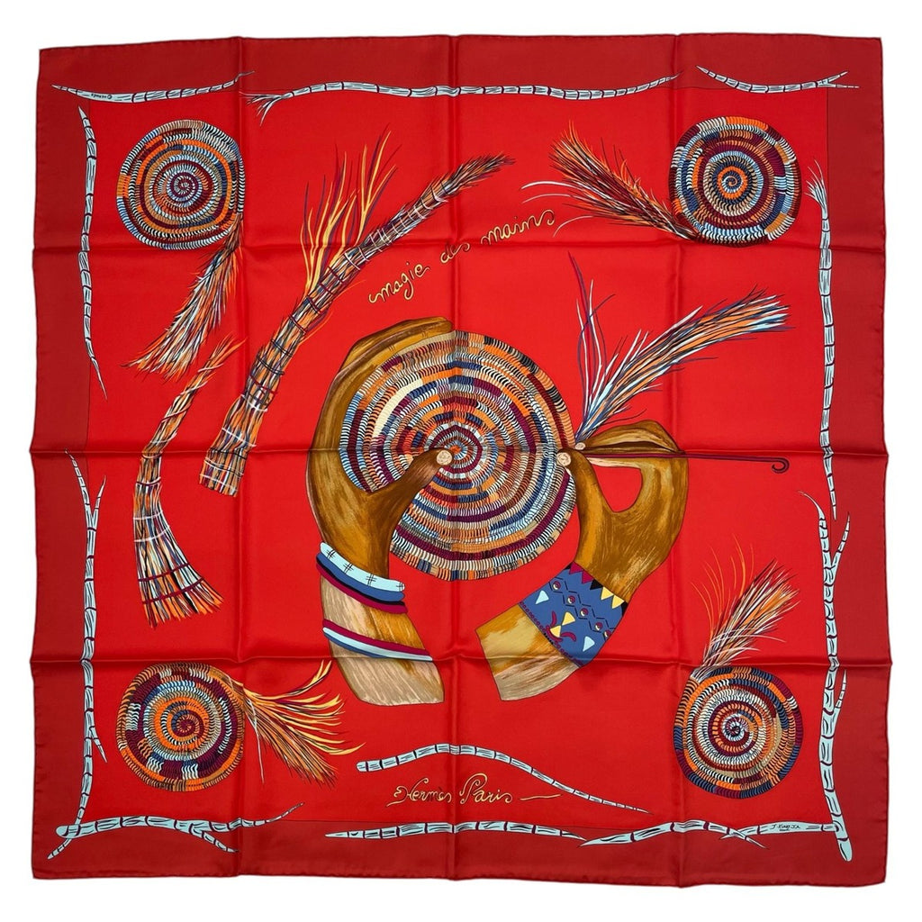 Hermes Scarf 100% Silk Carre 90 Magie Des Mains Charm of Handwork Red