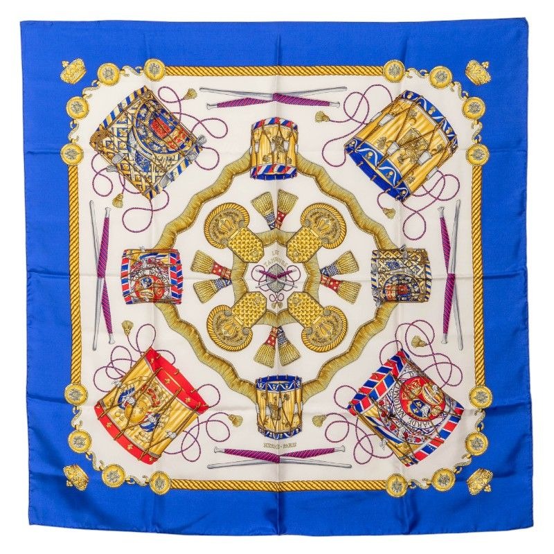 Hermes Carre 90 LES Tambours Tambour Drums Blue Multicolor Silk