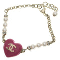 Chanel CC Logo Rhinestone Costume Pearl Gold Pink Bracelet