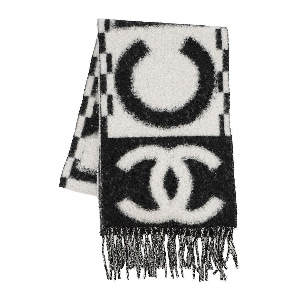 Chanel Scarf CC Logo Cashmere Silk Black White