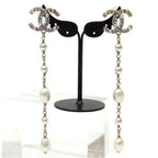 Chanel Swing Earrings Metal Costume Pearl Champagne Gold White CC