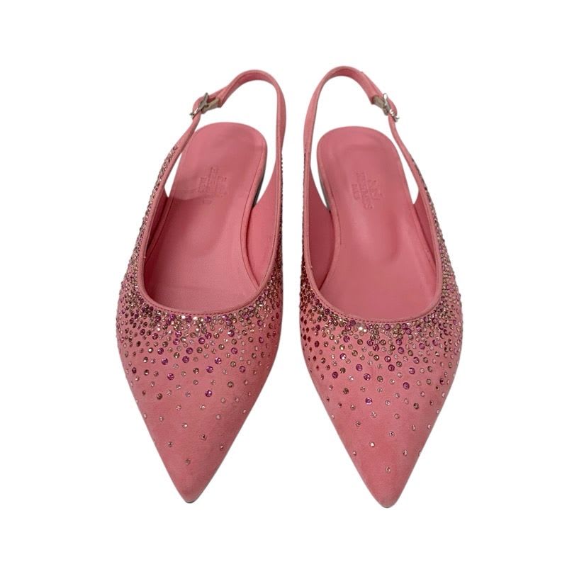 Hermes Flat Shoes Suede Pink Ring Back Rhinestone — view 2