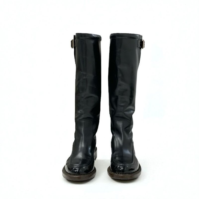 Chanel Boots Long Shoes Leather Patent Black Gold Logo — view 2