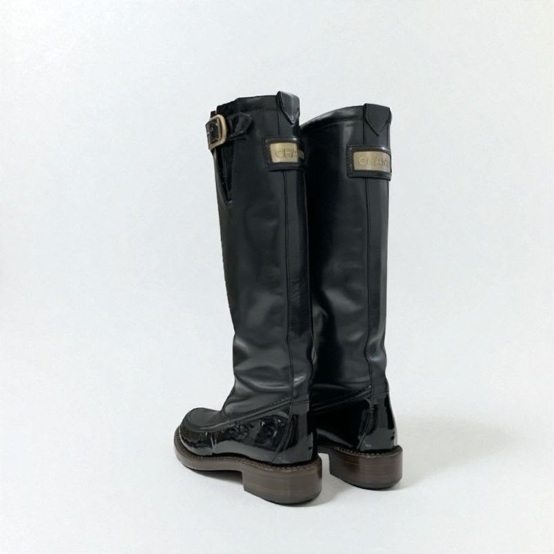 Chanel Boots Long Shoes Leather Patent Black Gold Logo — view 4