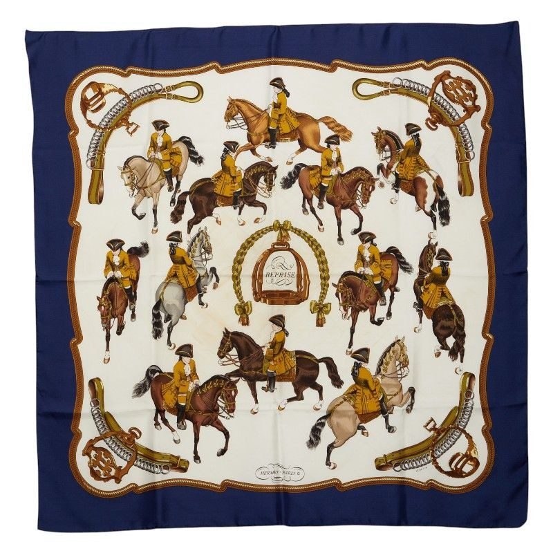 Hermes Carre 90 Reprise Horse Riding Scene Scarf Navy Multicolor