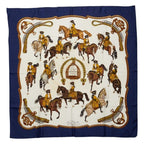 Hermes Carre 90 Reprise Horse Riding Scene Scarf Navy Multicolor