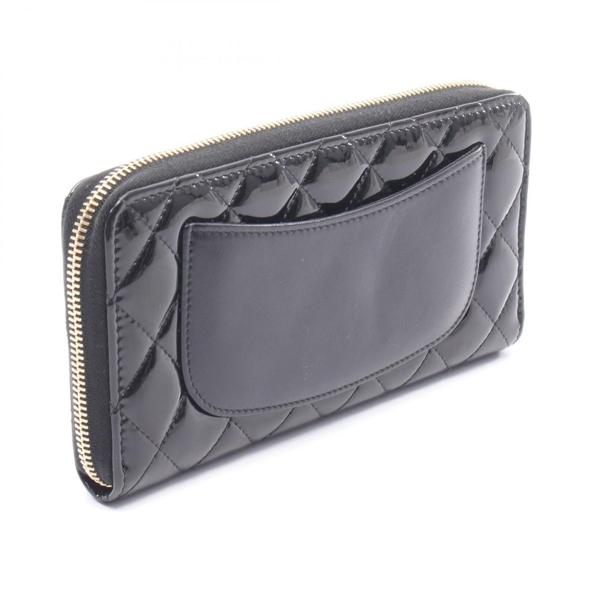 Chanel Round Wallet Classic Long Zip Quilted Black Patent — view 2