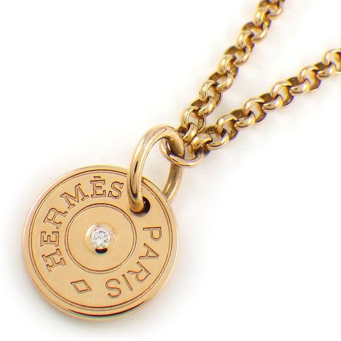 Hermes Necklace Gambard Clou de Selle Round Logo 1 Point Diamond 18k Pink Gold