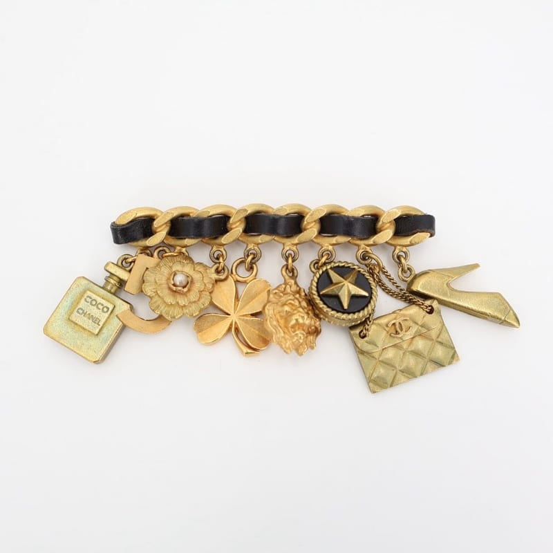 Chanel Vintage Quilted Coco Mark 8 Charm Chain Brooch Gold Black Plated — view 2