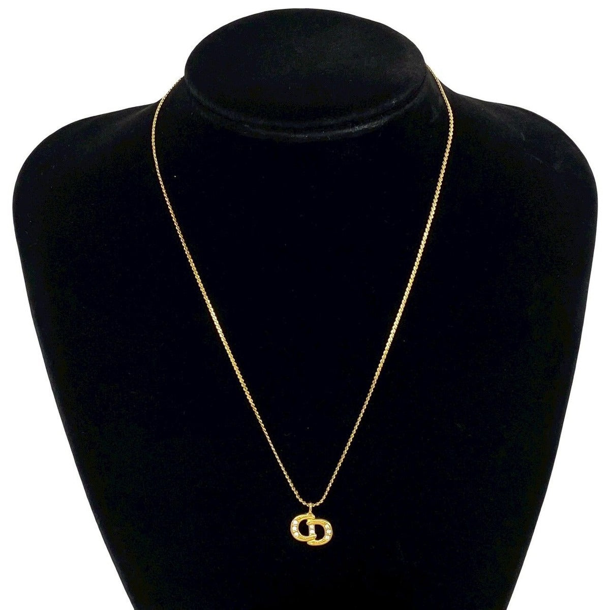 Dior CD Logo Motif Rhinestone Necklace Pendant Choker Gold — view 2