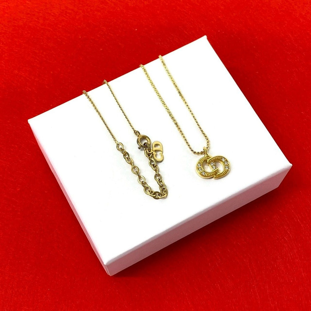 Dior CD Logo Motif Rhinestone Necklace Pendant Choker Gold
